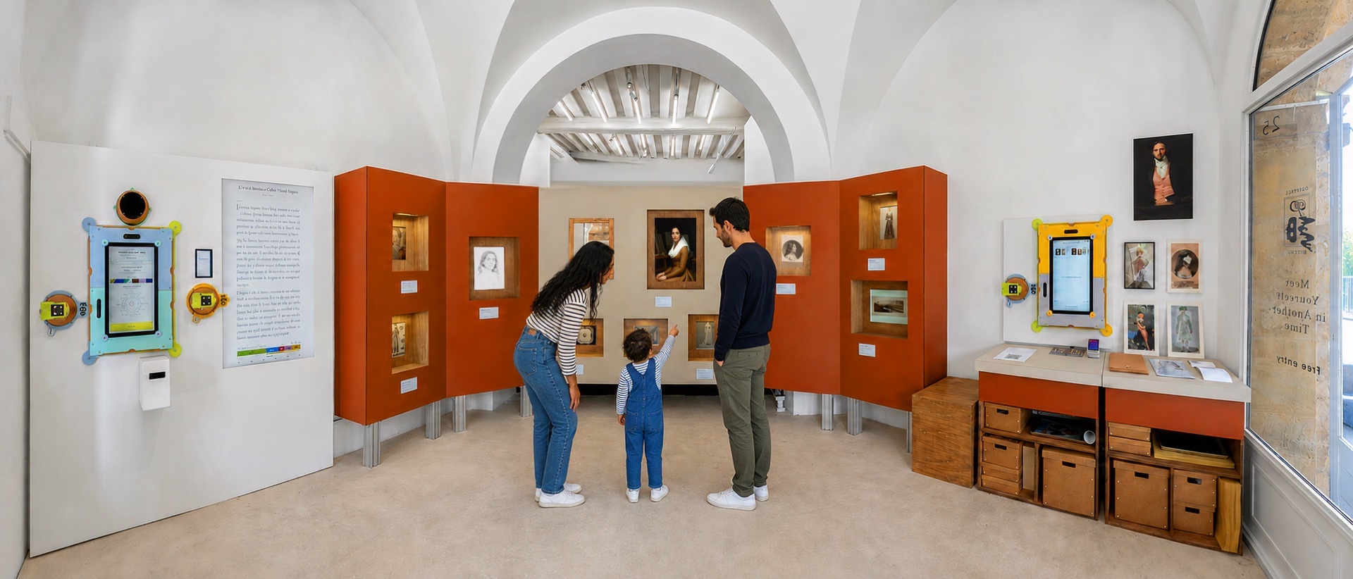 Inside a Portrait Bureau gallery room, visitors among the portraits