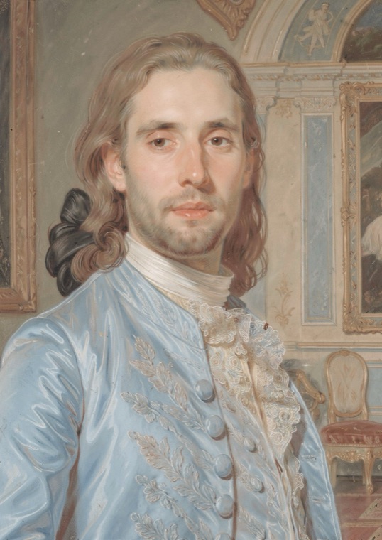 A pastel portrait, sky-blue coat
